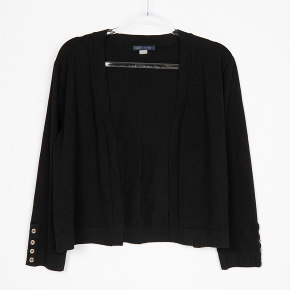Tommy Hilfiger Black Open Front Cardigan Sweater Gold Button Detail‎ Size Large - Picture 2 of 12